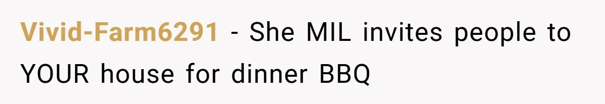 Vivid-Farm6291 − She MIL invites people to YOUR house for dinner BBQ