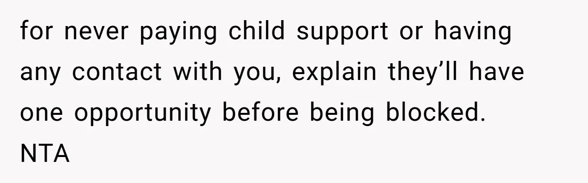 for never paying child support or having any contact with you, explain they’ll have one opportunity before being blocked.   NTA
