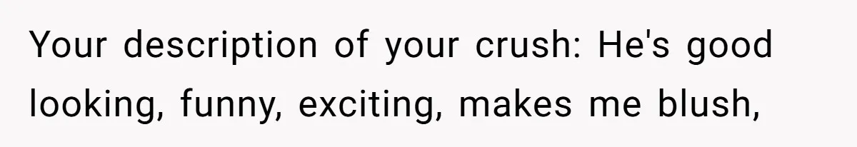 Your description of your crush: He's good looking, funny, exciting, makes me blush,