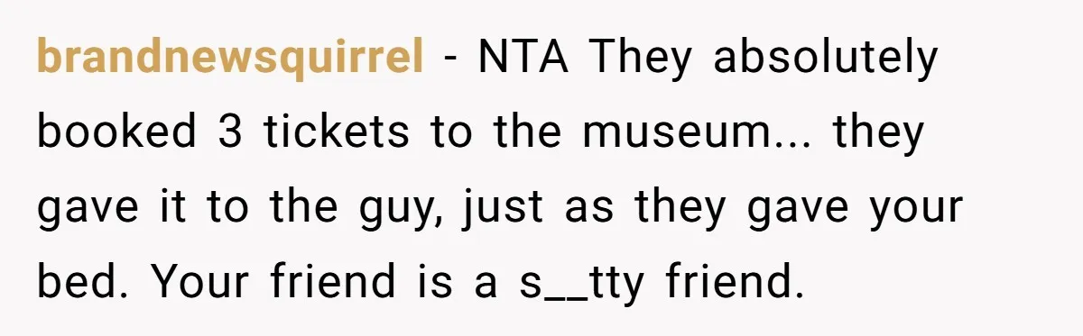 brandnewsquirrel − NTA They absolutely booked 3 tickets to the museum... they gave it to the guy, just as they gave your bed. Your friend is a s__tty friend.