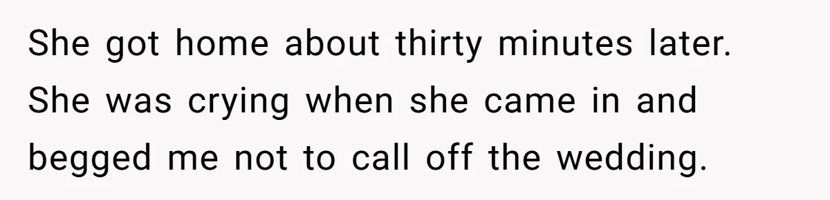 She got home about thirty minutes later. She was crying when she came in and begged me not to call off the wedding.