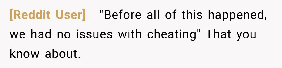 [Reddit User] − "Before all of this happened, we had no issues with cheating" That you know about.