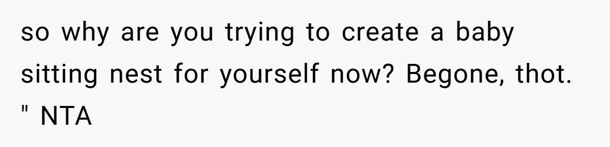 so why are you trying to create a baby sitting nest for yourself now? Begone, thot. " NTA