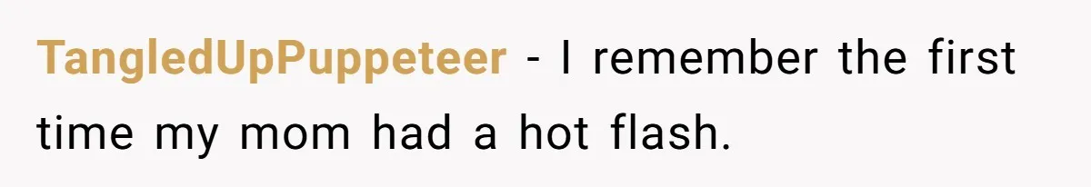 TangledUpPuppeteer − I remember the first time my mom had a hot flash.