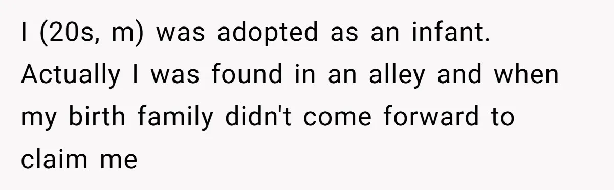 I (20s, m) was adopted as an infant. Actually I was found in an alley and when my birth family didn't come forward to claim me