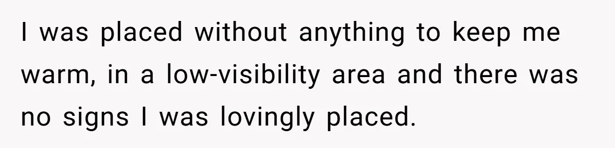 I was placed without anything to keep me warm, in a low-visibility area and there was no signs I was lovingly placed.