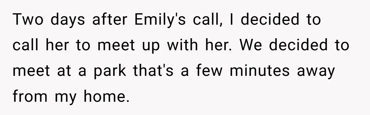 Two days after Emily's call, I decided to call her to meet up with her. We decided to meet at a park that's a few minutes away from my home.