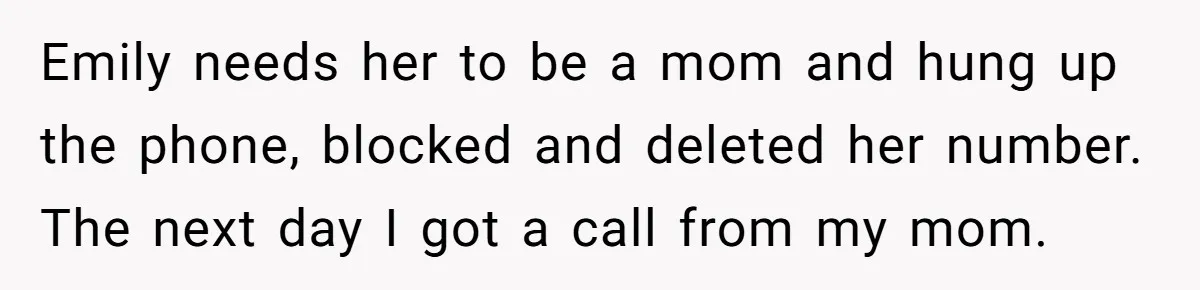 Emily needs her to be a mom and hung up the phone, blocked and deleted her number. The next day I got a call from my mom.