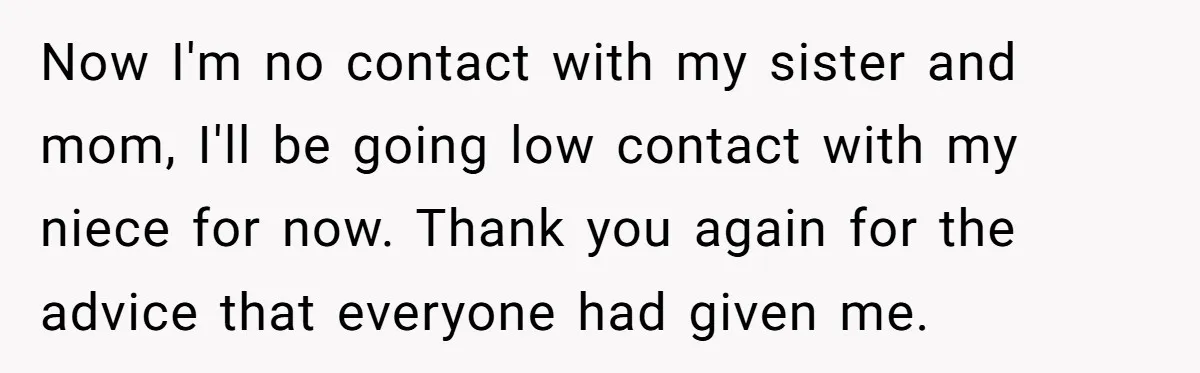 Now I'm no contact with my sister and mom, I'll be going low contact with my niece for now. Thank you again for the advice that everyone had given me.
