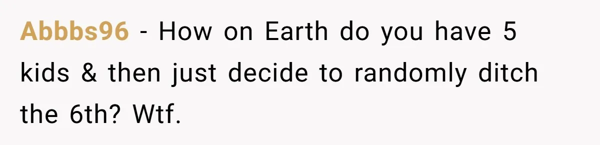 Abbbs96 − How on Earth do you have 5 kids & then just decide to randomly ditch the 6th? Wtf.