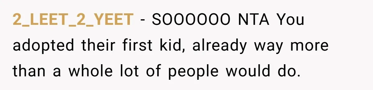 2_LEET_2_YEET − SOOOOOO NTA You adopted their first kid, already way more than a whole lot of people would do.