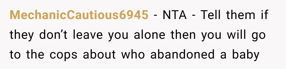 MechanicCautious6945 − NTA - Tell them if they don’t leave you alone then you will go to the cops about who abandoned a baby