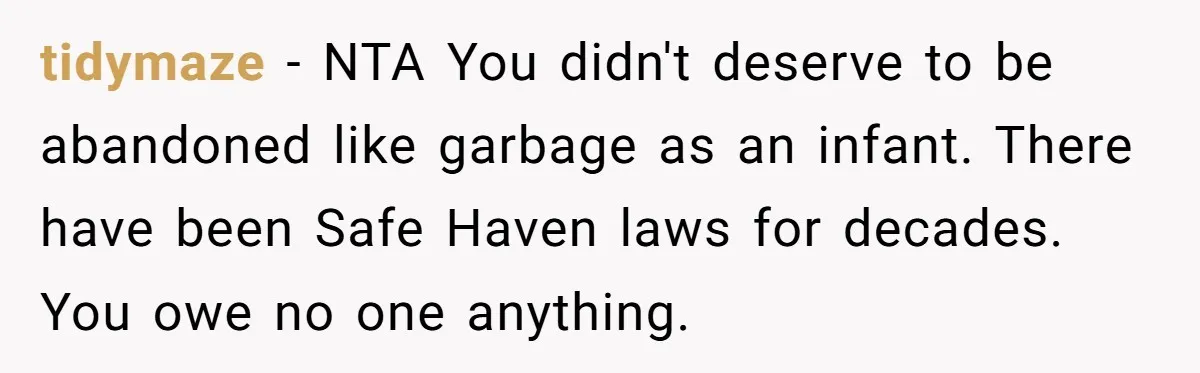 tidymaze − NTA You didn't deserve to be abandoned like garbage as an infant. There have been Safe Haven laws for decades. You owe no one anything.