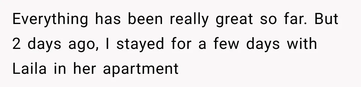 Everything has been really great so far. But 2 days ago, I stayed for a few days with Laila in her apartment