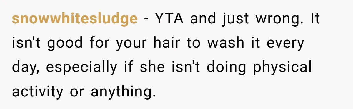 snowwhitesludge − YTA and just wrong. It isn't good for your hair to wash it every day, especially if she isn't doing physical activity or anything.