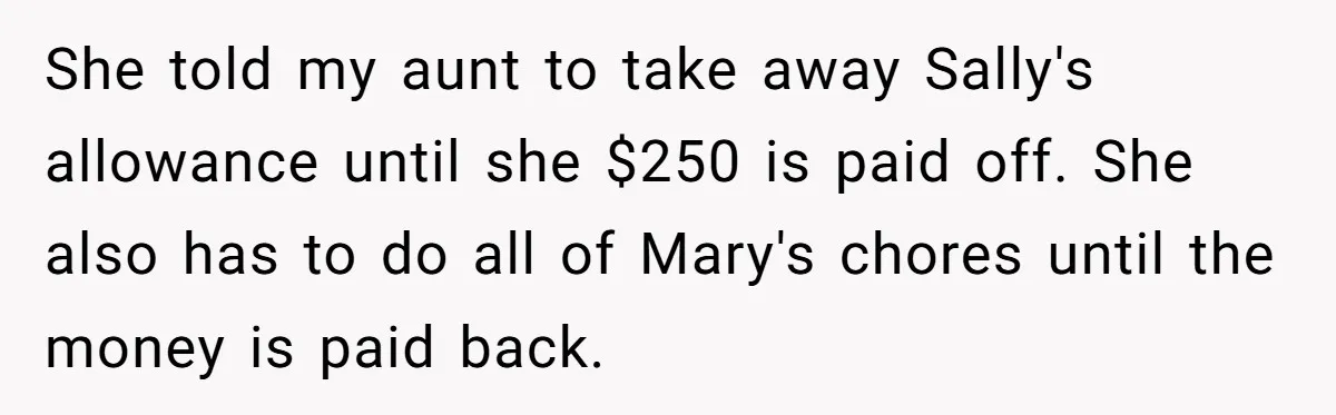 She told my aunt to take away Sally's allowance until she $250 is paid off. She also has to do all of Mary's chores until the money is paid back.