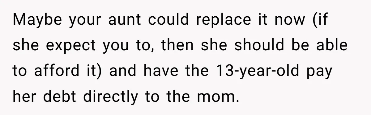 Maybe your aunt could replace it now (if she expect you to, then she should be able to afford it) and have the 13-year-old pay her debt directly to the...