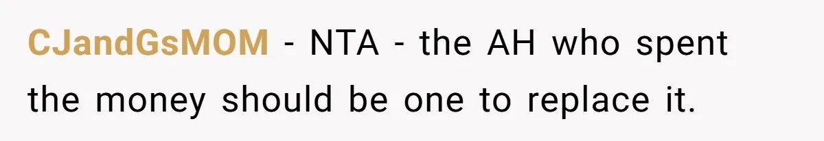 CJandGsMOM − NTA - the AH who spent the money should be one to replace it.