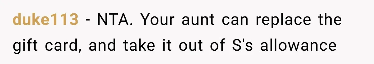 duke113 − NTA. Your aunt can replace the gift card, and take it out of S's allowance
