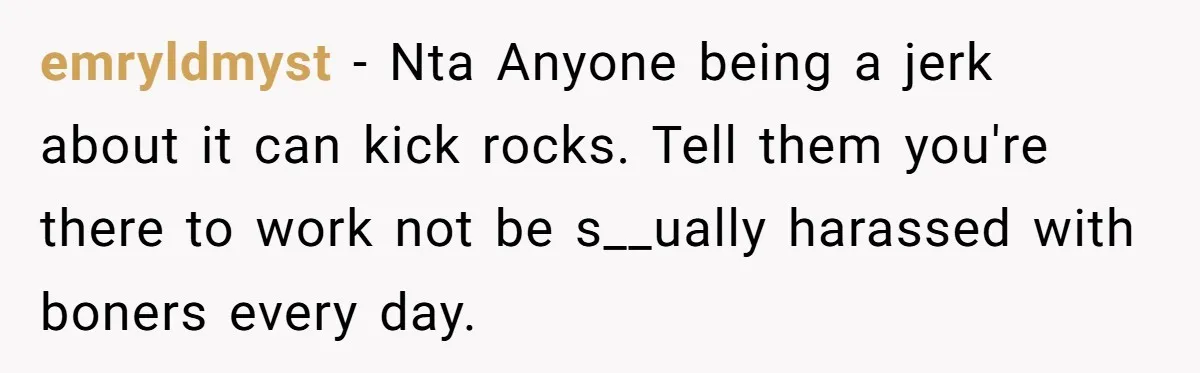 emryldmyst − Nta Anyone being a jerk about it can kick rocks. Tell them you're there to work not be s__ually harassed with boners every day.