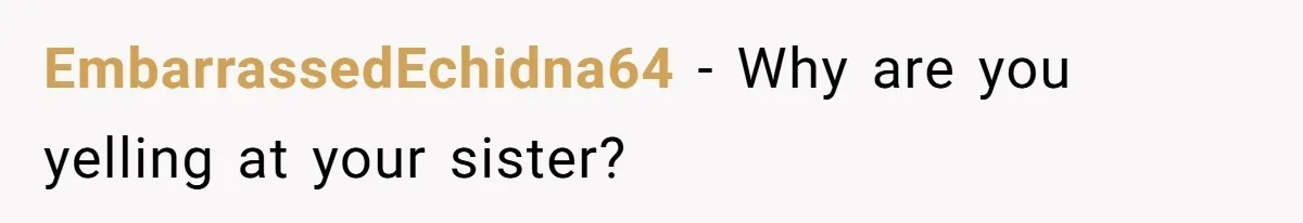 EmbarrassedEchidna64 − Why are you yelling at your sister?