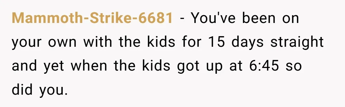 Mammoth-Strike-6681 − You've been on your own with the kids for 15 days straight and yet when the kids got up at 6:45 so did you.