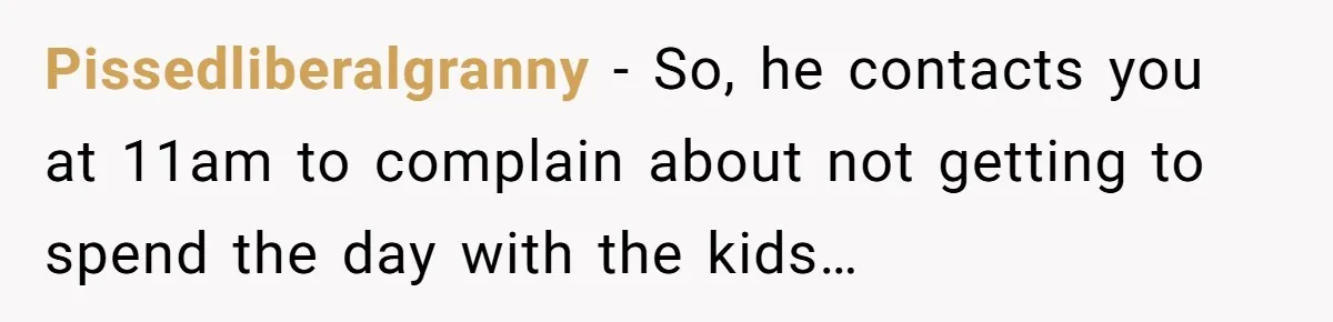 Pissedliberalgranny − So, he contacts you at 11am to complain about not getting to spend the day with the kids…