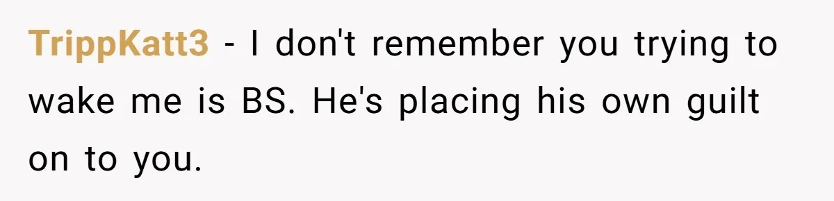TrippKatt3 − I don't remember you trying to wake me is BS. He's placing his own guilt on to you.