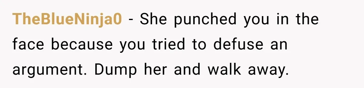 TheBlueNinja0 − She punched you in the face because you tried to defuse an argument. Dump her and walk away.