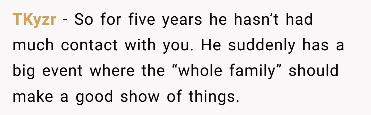 TKyzr − So for five years he hasn’t had much contact with you. He suddenly has a big event where the “whole family” should make a good show of things.