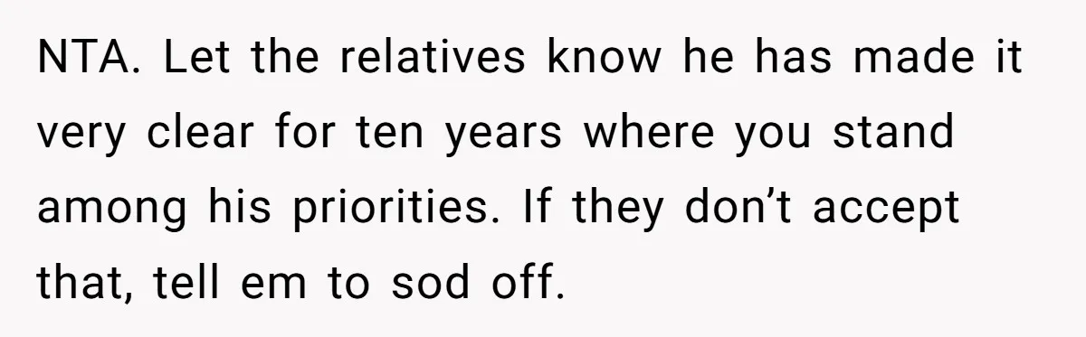 NTA. Let the relatives know he has made it very clear for ten years where you stand among his priorities. If they don’t accept that, tell em to sod off.