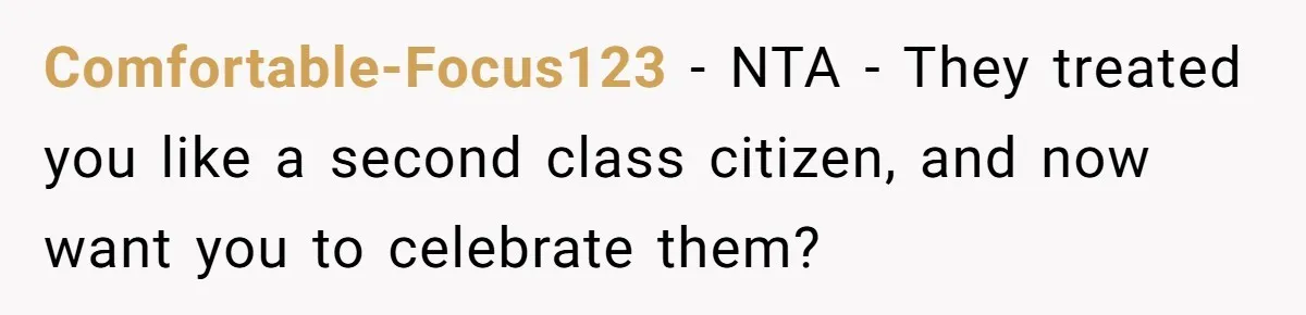 Comfortable-Focus123 − NTA - They treated you like a second class citizen, and now want you to celebrate them?