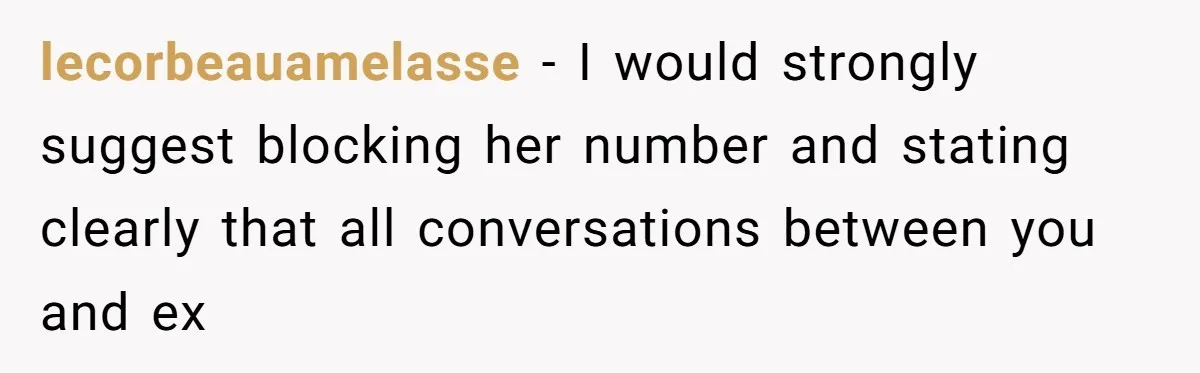 lecorbeauamelasse − I would strongly suggest blocking her number and stating clearly that all conversations between you and ex