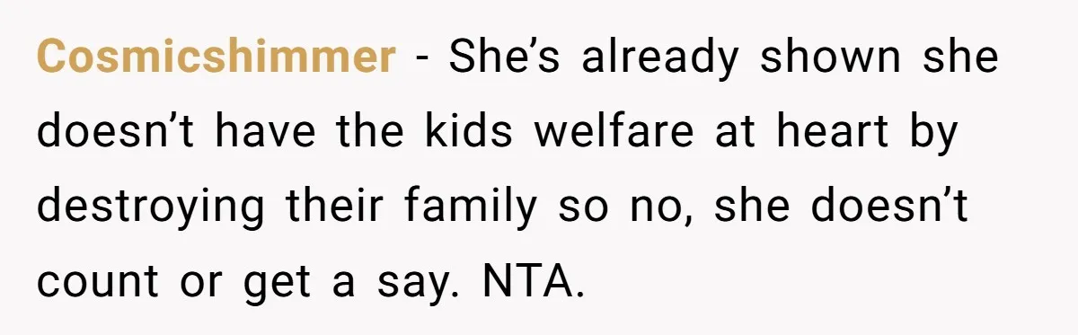 Cosmicshimmer − She’s already shown she doesn’t have the kids welfare at heart by destroying their family so no, she doesn’t count or get a say. NTA.