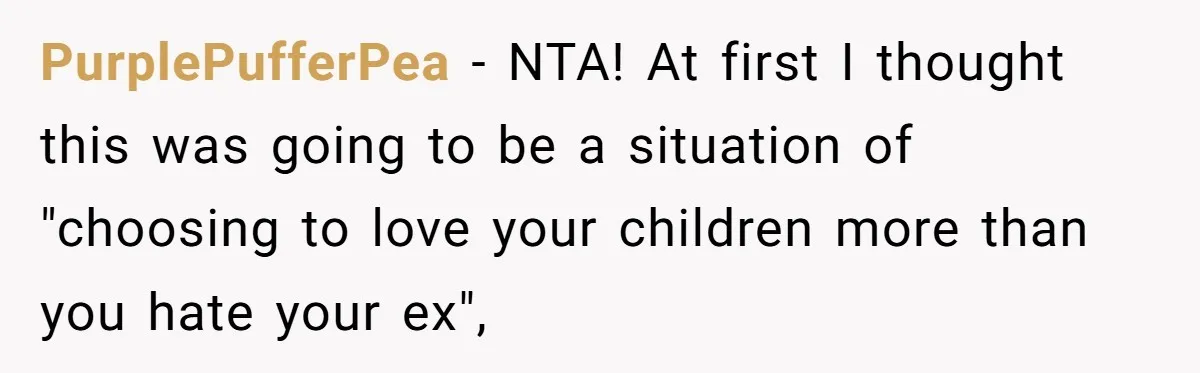 PurplePufferPea − NTA! At first I thought this was going to be a situation of "choosing to love your children more than you hate your ex",