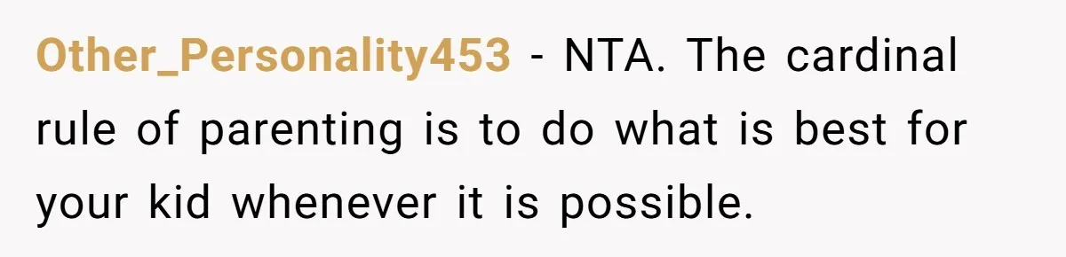 Other_Personality453 − NTA. The cardinal rule of parenting is to do what is best for your kid whenever it is possible.