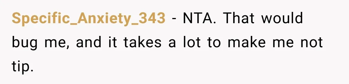 Specific_Anxiety_343 − NTA. That would bug me, and it takes a lot to make me not tip.