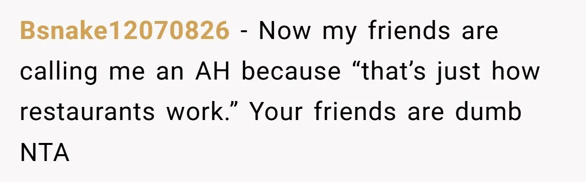 Bsnake12070826 − Now my friends are calling me an AH because “that’s just how restaurants work.” Your friends are dumb NTA