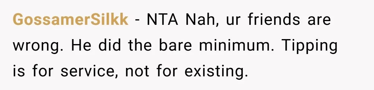 GossamerSilkk − NTA Nah, ur friends are wrong. He did the bare minimum. Tipping is for service, not for existing.