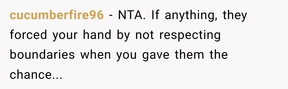 cucumberfire96 − NTA. If anything, they forced your hand by not respecting boundaries when you gave them the chance...
