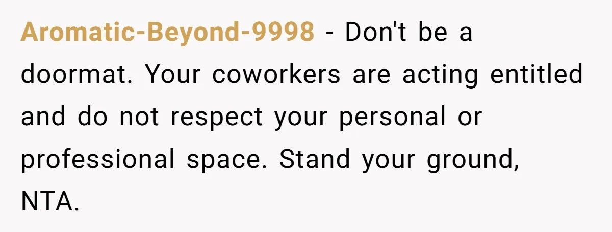 Aromatic-Beyond-9998 − Don't be a doormat. Your coworkers are acting entitled and do not respect your personal or professional space. Stand your ground, NTA.