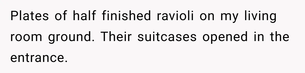 Plates of half finished ravioli on my living room ground. Their suitcases opened in the entrance.