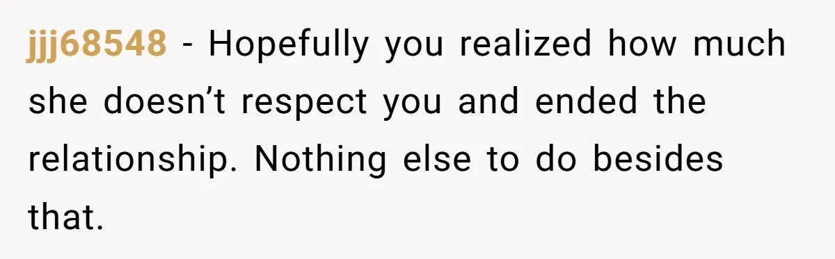 jjj68548 − Hopefully you realized how much she doesn’t respect you and ended the relationship. Nothing else to do besides that.