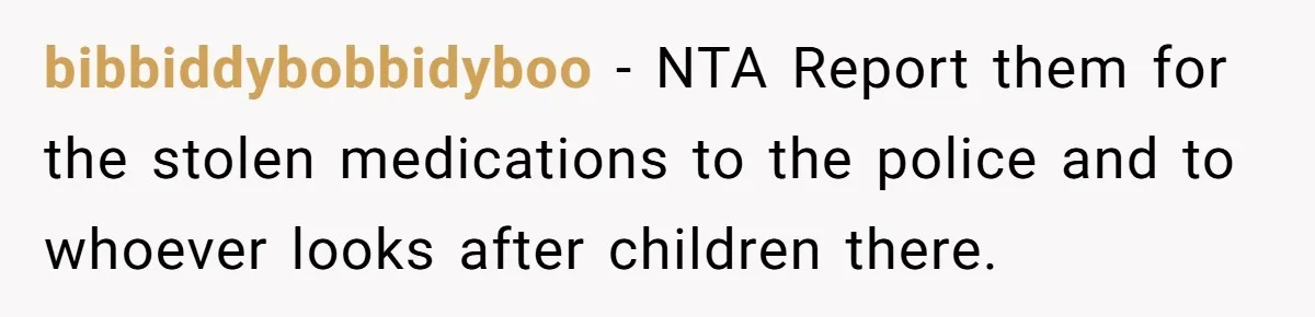 bibbiddybobbidyboo − NTA Report them for the stolen medications to the police and to whoever looks after children there.