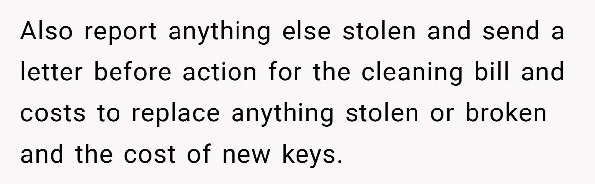Also report anything else stolen and send a letter before action for the cleaning bill and costs to replace anything stolen or broken and the cost of new keys.