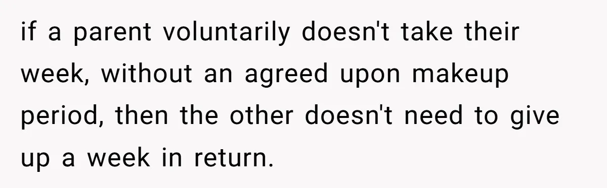 if a parent voluntarily doesn't take their week, without an agreed upon makeup period, then the other doesn't need to give up a week in return.