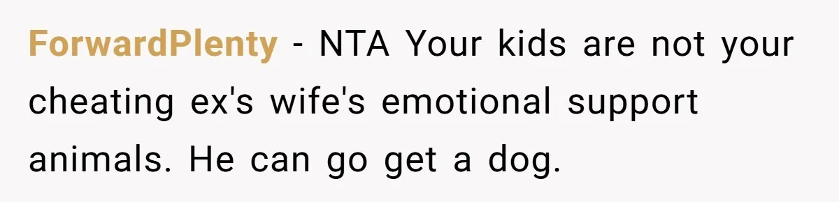 ForwardPlenty − NTA Your kids are not your cheating ex's wife's emotional support animals. He can go get a dog.