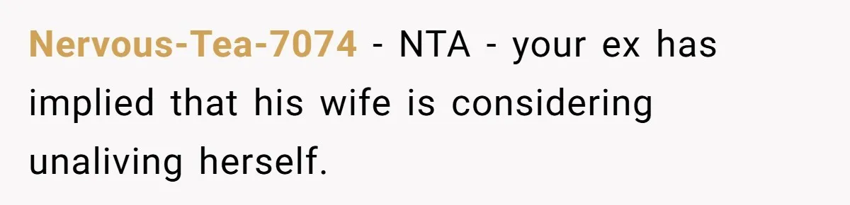 Nervous-Tea-7074 − NTA - your ex has implied that his wife is considering unaliving herself.
