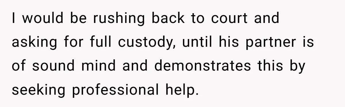 I would be rushing back to court and asking for full custody, until his partner is of sound mind and demonstrates this by seeking professional help.