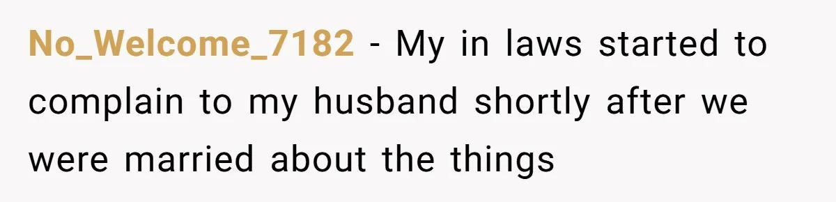No_Welcome_7182 − My in laws started to complain to my husband shortly after we were married about the things